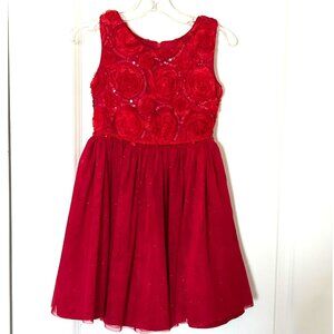 Red Girls Sleeveless Dress With Rosette & Sequin Details Tulle Skirt Back Zip Si